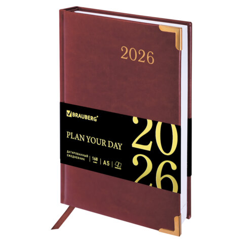 Ежедневник датированный 2026, А5, 138x213 мм, BRAUBERG "Senator", под кожу, коричневый, 117090