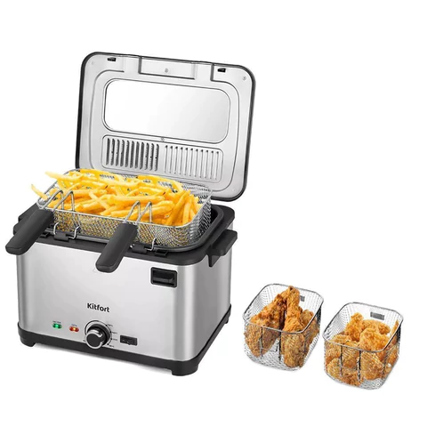 Фритюрница KITFORT KT-6240, 2000 Вт, объем 4,8 л, регулировка 130-190 °С, 3 корзинки, черная/серебристая, КТ-6240 458192 - МСК «Форвард»