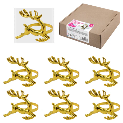Кольца для салфеток новогодние, КОМПЛЕКТ 6 шт., 5,5 см, "Олени", золотистые, ЗОЛОТАЯ СКАЗКА, 592487 - МСК «Форвард»