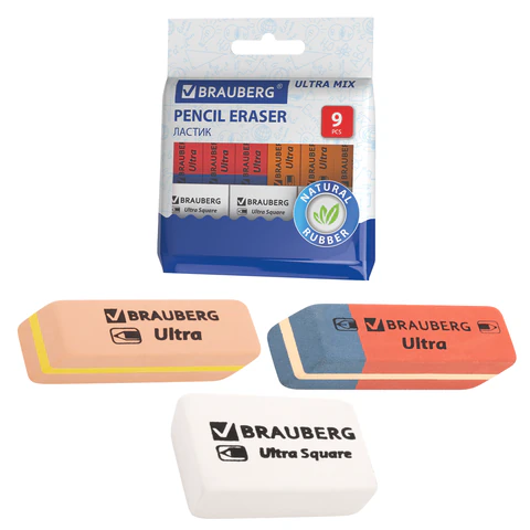 Ластики BRAUBERG "Ultra Mix" НАБОР 9 шт., размер ластика 41*14*8мм/29*18*8мм, натур. каучук, 229604
