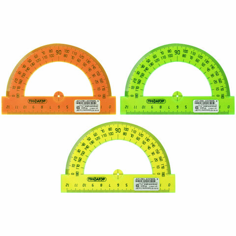 Транспортир 12 см, 180 градусов, ПИФАГОР,  прозрачный, неоновый, ассорти, 210622