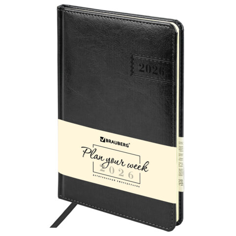 Еженедельник датированный 2026, А5, 145х215 мм, BRAUBERG "Imperial", под кожу, черный, 117175