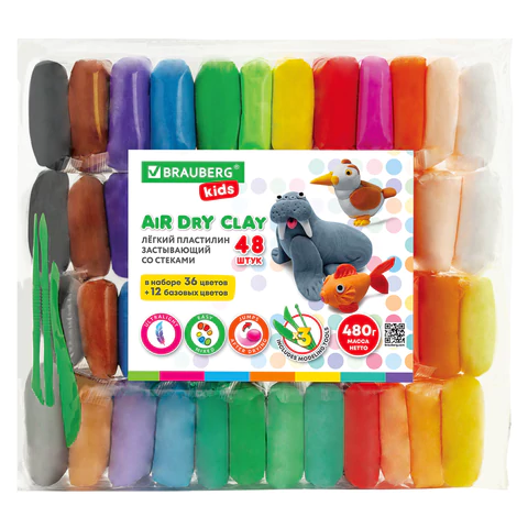Пластилин супер лёгкий воздушный застывающий 48 шт. (36 цветов + 12 базовых), 480 г, 3 стека, BRAUBERG KIDS, 106310 - МСК «Форвард»
