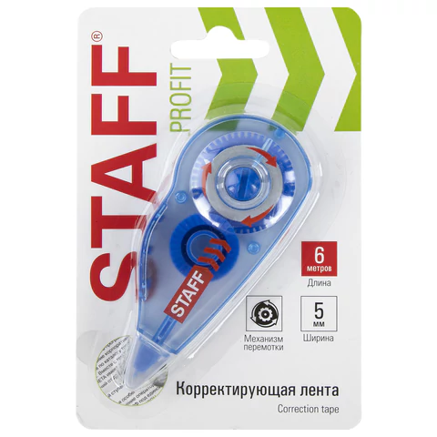 Корректирующая лента STAFF PROFIT, 5 мм х 6 м, механизм перемотки, корпус голубой, блистер, европодвес, 271254 - МСК «Форвард»