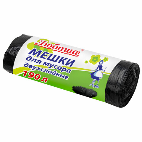 Мешки для мусора 160л черные в рулоне 10 шт, ПВД 23 мкм, 90х120см, ЛЮБАША эконом ПЛЮС, 607681