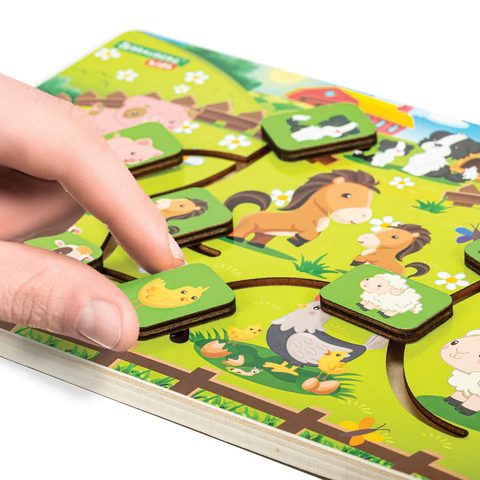 Игра-лабиринт деревянная развивающая "Животные в деревне", с бегунками, BRAUBERG KIDS, 665264 - МСК «Форвард»