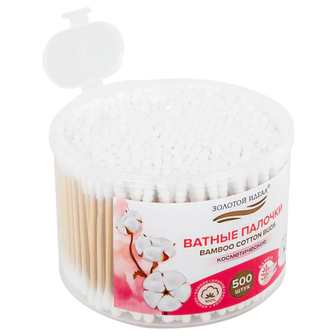 Ватные палочки КОМПЛЕКТ 500 шт.,бамбуковый стик, 100% хлопок, пластиковый стакан, ЗОЛОТОЙ ИДЕАЛ, 116558 - МСК «Форвард»