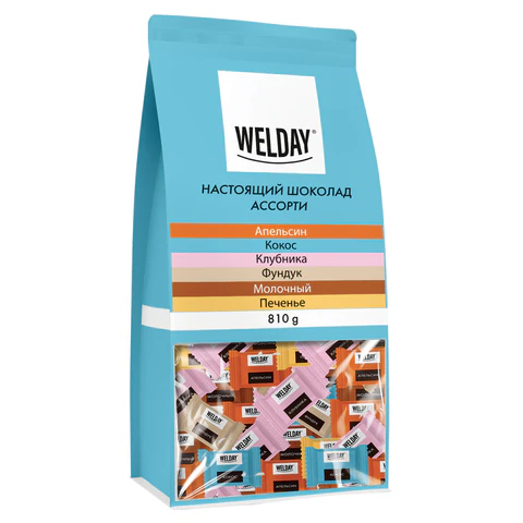 Шоколад порционный WELDAY (ВЭЛДЭЙ), ассорти 6 вкусов, 810 г (54 плитки по 15 г), пакет, 622409 - МСК «Форвард»