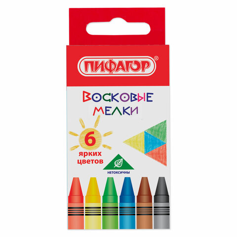 Восковые мелки ПИФАГОР "СОЛНЫШКО", НАБОР 6 цв., 227278