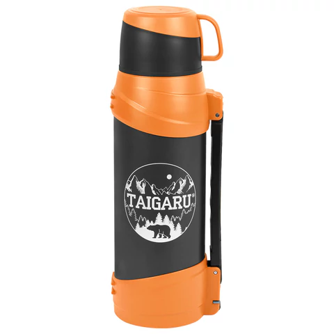Термос классический, нержавеющая сталь, 2 л, оранжево-серый, 2 кружки, ручка + ремешок, TAIGARU (ТАЙГАРУ), 608817 - МСК «Форвард»
