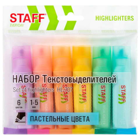 Набор текстовыделителей 6 ПАСТЕЛЬНЫХ ЦВЕТОВ, STAFF "EVERYDAY HL-707", линия 1-5 мм, скошенный наконечник, 152551 - МСК «Форвард»