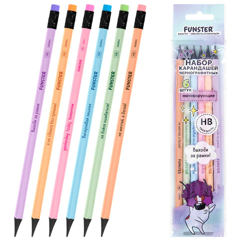 Набор карандашей чернографитных с мотивирующей надписью FUNSTER (ФАНСТЕР) FUNNY NOTES PSTL, 6 штук, HB, с ластиком, 182041 - МСК «Форвард»
