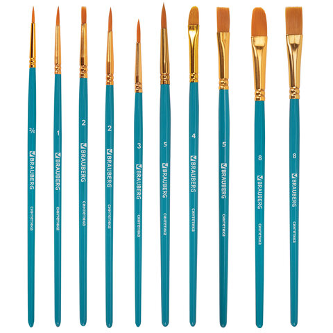 Кисти синтетика BRAUBERG, НАБОР 10 шт., синие (Круглые; Овальные; Плоские; Лайнеры), 201030 - МСК «Форвард»