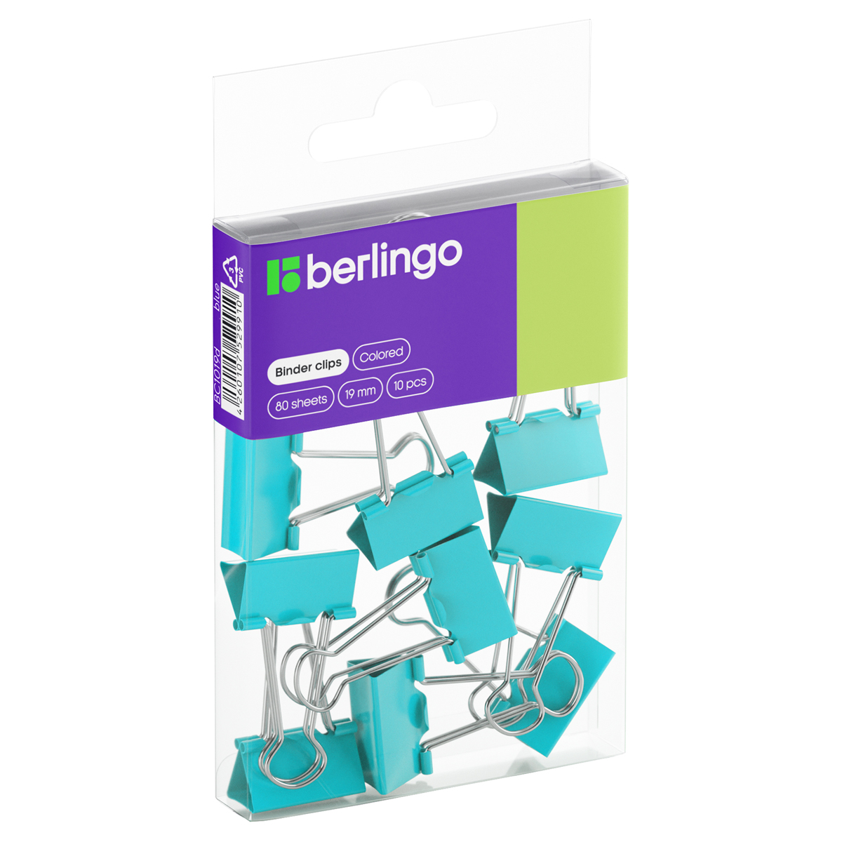 Зажимы для бумаг 19мм, Berlingo, 10шт., цветные, ПВХ упак., европодвес, голубые BC1019d 301709