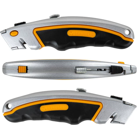 Нож универсальный мощный алюминиевый BRAUBERG "Heavy duty", автофиксатор, резиновые вставки, 238735 - МСК «Форвард»