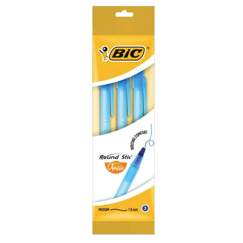 Ручки шариковые BIC "Round Stic", НАБОР 3 шт., СИНИЕ, узел 1 мм, линия письма 0,32 мм, пакет, 9021522 143984