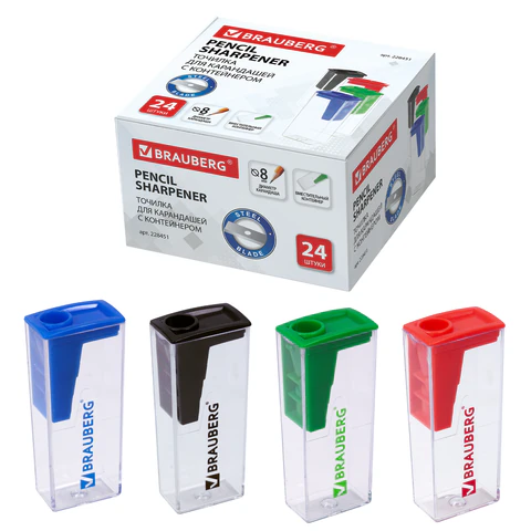 Точилка BRAUBERG "Assistant", с контейнером, пластиковая, корпус ассорти, 228451