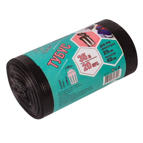 Мешки для урн, черные, в рулоне 20шт, 35л 42х70см, диаметр 25см, высота 40см, КБ "Tubus", 726740