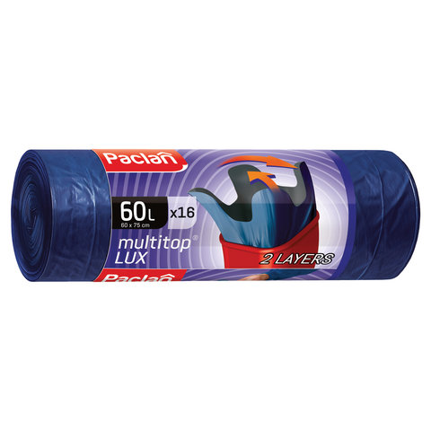 Мешки д/мусора 60л, с ушками, синие, рулон 16шт, ПВД, 30мкм, 60х75см, PACLAN "Multitop Lux", 606330