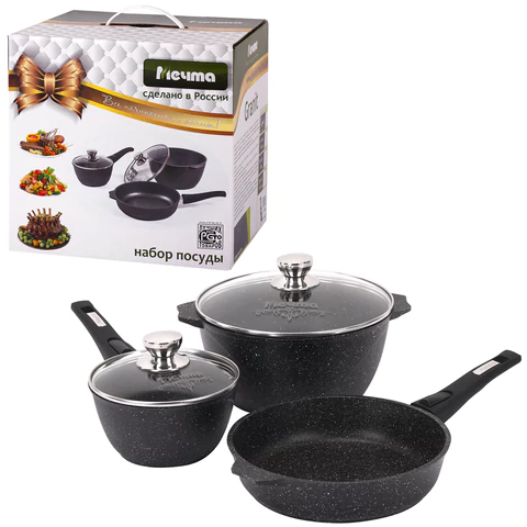 Набор посуды (сковорода 26 см, кастрюля 5 л, ковш 1,7 л, 2 съемных ручки, 2 крышки), МЕЧТА "Гранит Black", 001802 700722