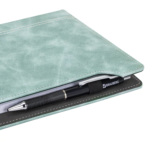 Блокнот А5 165x218 мм, BRAUBERG "Perfect", под кожу софт-тач, держатель для ручки, 80 листов, клетка, серо-голубой, 116615 - МСК «Форвард»