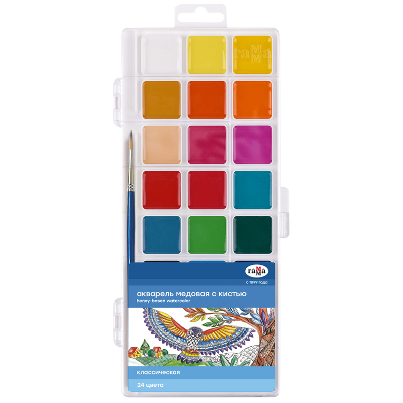 Краски акварельные ГАММА "Классическая", NEW 24 цв, медовая, c кистью, пласт. кор., европодвес, 1009203 332938