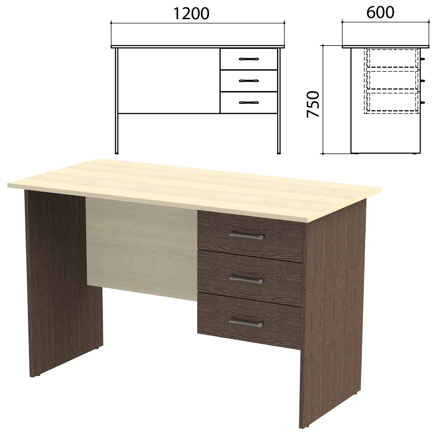 Стол письменный "Канц", 1200х600х750 мм, тумба 3 ящика, цвет дуб молочный/венге (КОМПЛЕКТ) 980444