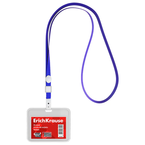 Бейдж горизонтальный ERICH KRAUSE (85х54 мм), корпус прозрачный, цвет ленты синий, 63725 239000