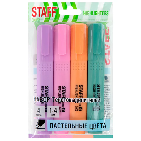 Набор текстовыделителей 4 ПАСТЕЛЬНЫХ ЦВЕТА, АССОРТИ, STAFF College "STICK PASTEL", линия письма 1-4 мм, скошенный наконечник, 152531 - МСК «Форвард»