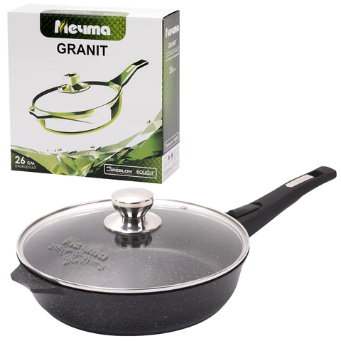 Сковорода 26 см, съемная soft-touch ручка, крышка, антипригарное покрытие, МЕЧТА "Гранит Black", с026802 700716