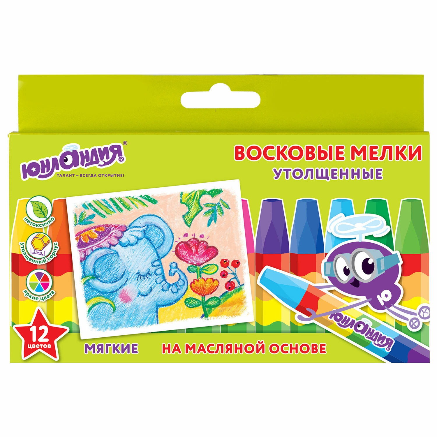 Восковые мелки утолщенные ЮНЛАНДИЯ "ЮНЛАНДИК И ИНДИЙСКИЙ СЛОН", НАБОР 12 цв., масляная основа,227297