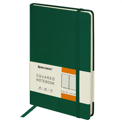 Блокнот А5 148x218мм, BRAUBERG Metropolis, балакрон, 80л, резинка, клетка, зеленый, 111583