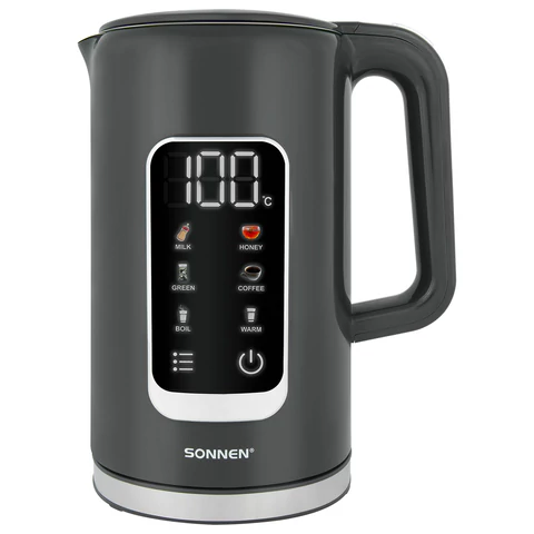 Чайник с терморегулятором и дисплеем, ДВОЙНЫЕ СТЕНКИ, SONNEN KT-8723G, 1,7 л, 2200 Вт, серый, 454690 - МСК «Форвард»