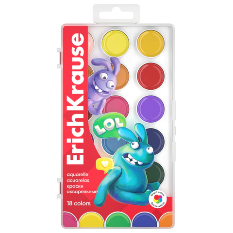Краски акварельные ERICH KRAUSE "Jolly Friends", 18 цветов, пластиковый пенал, европодвес, 61367 192703