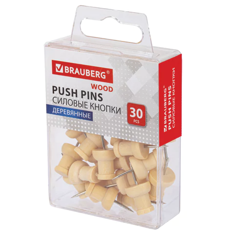 Силовые кнопки-гвоздики BRAUBERG WOOD, деревянные, 30 штук, 10 мм, 272759 - МСК «Форвард»