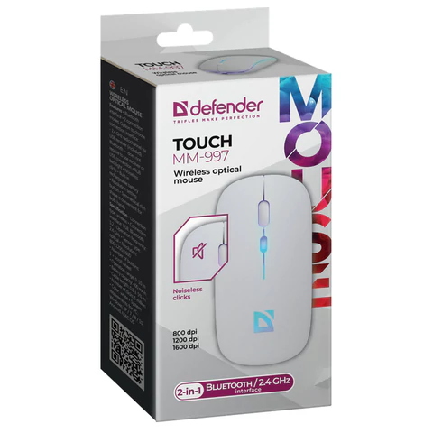 Мышь беспроводная DEFENDER TOUCH MM-997, USB, 3 кнопки+1 колесо-кнопка, оптическая, белая, 52998 513826  - МСК «Форвард»