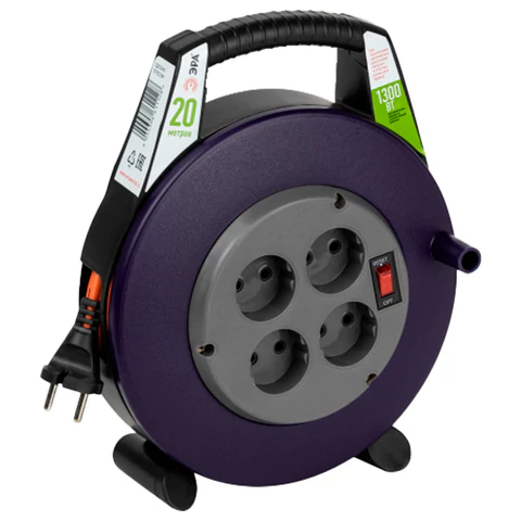 Удлинитель на катушке ЭРА BPx-4, 4 розетки без заземления, с выключателем, 20 м, 2x0,75 мм, 1300 Вт, 4-2x0,75-20m 514132