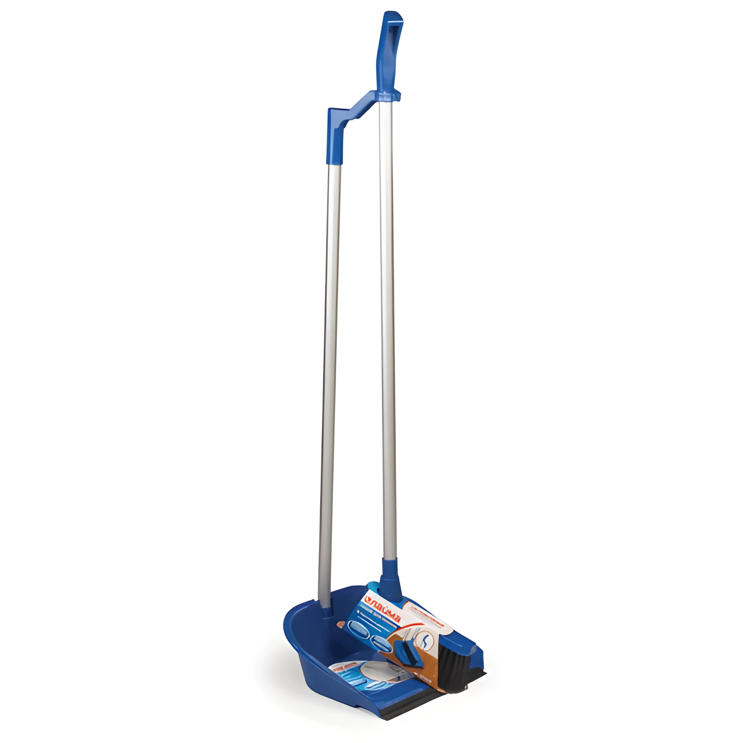 Совок для мусора + щетка, пластик, резиновая кромка, алюминиевые рукоятки 70см, синий, LAIMA,601472