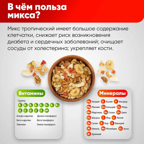 Орехи и сухофрукты NARMAK "Микс Тропический", грецкий орех, кешью, кокос, банан, цукаты, 400 г 623569 - МСК «Форвард»