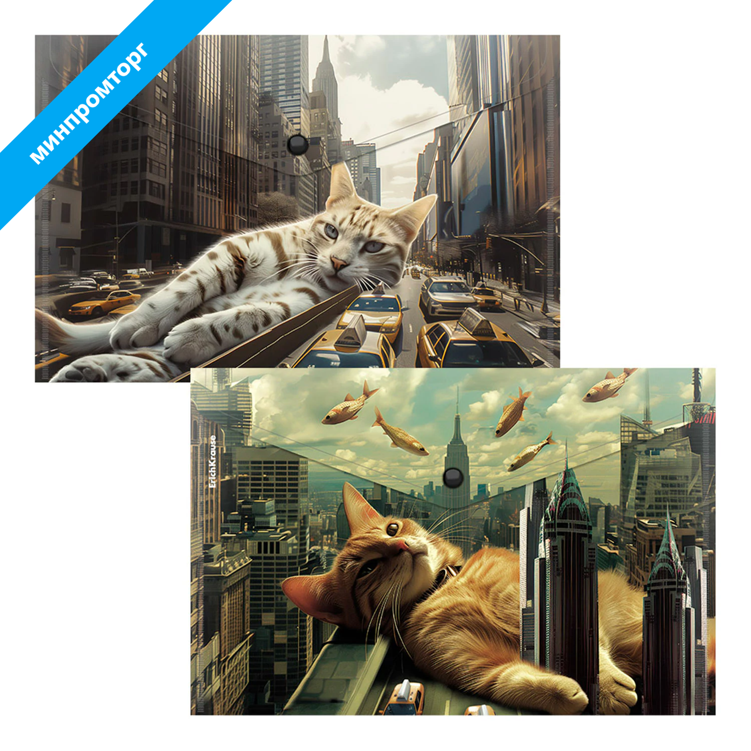Папка-конверт с кнопкой ERICH KRAUSE "Big City Cats", A4, до 120 листов, непрозрачная, ассорти, 0,16 мм, 63511 273969