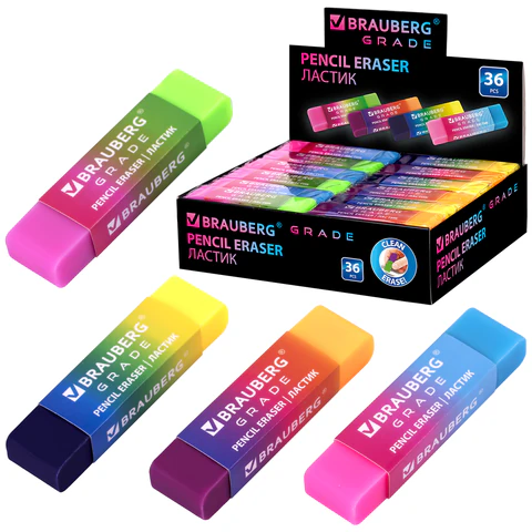 Ластик полупрозрачный BRAUBERG "Grade", 60x15x10 мм, картонный держатель, цвет ассорти, 271997 - МСК «Форвард»