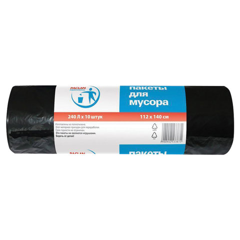 Мешки д/мусора 240л, черные, в рулоне 10шт, ПВД, 30мкм, 112х140см, PACLAN Professional, 1338 606336