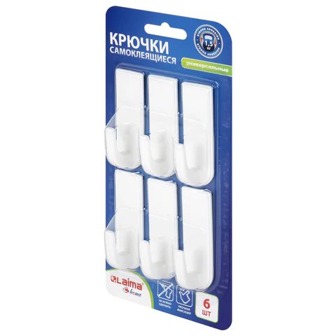Крючки самоклеящиеся универсальные 6,6х2,1 см, КОМПЛЕКТ 6 шт., белые, LAIMA Home, 608793 - МСК «Форвард»