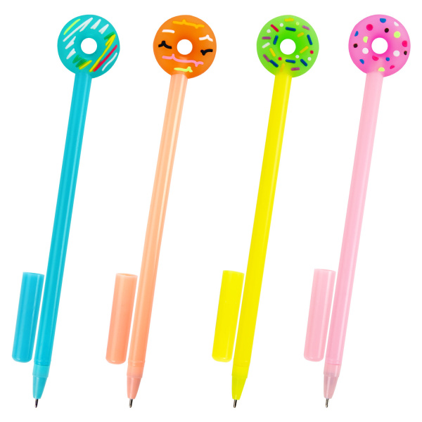 Ручка с топпером шариковая ЮНЛАНДИЯ "Пончик", корпус ассорти, СИНЯЯ, узел 0,7мм, КОМПЛЕКТ 12шт 143799