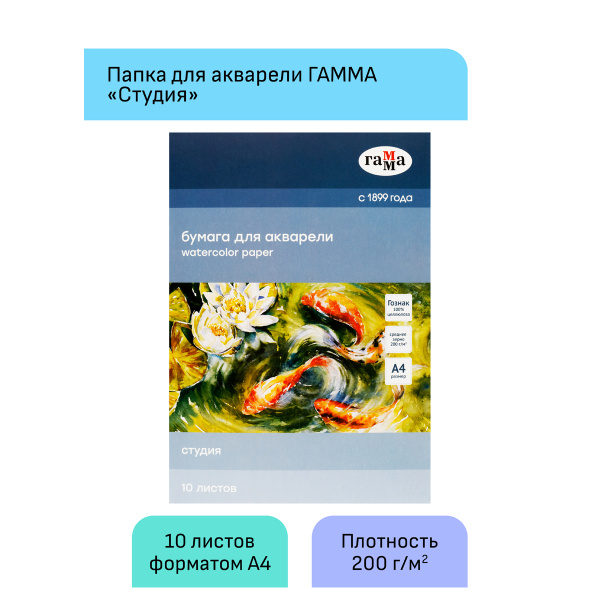 Папка для акварели 10л А4 200г/м2, среднее зерно Гамма "Студия" 40C03F710W 346939 - МСК «Форвард»