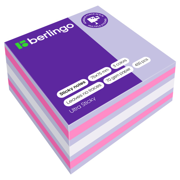 Блок самоклеящийся (стикер) Berlingo "Ultra Sticky", 75*75мм, 450л., 3 цвета LSn_40201 270291