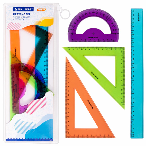 Набор чертежный большой BRAUBERG "FRUITY" (линейка 30см, 2 треуг., трансп.), ассорти, пенал, 210772