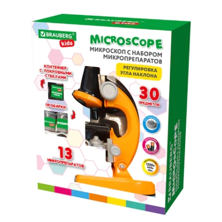 Микроскоп с подсветкой, 30 предметов, в т.ч. набор из 12 микропрепаратов в подарок, увеличение 100х, 400х, 1200х, BRAUBERG KIDS, 391400 - МСК «Форвард»