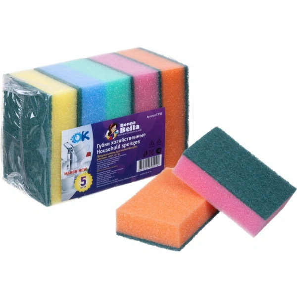 Губка для посуды Donna-Bella Макси 9.5x6.5 см КОМПЛЕКТ 5штук поролон с абразивным слоем Г110 2032492