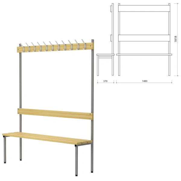 Скамья с вешалкой, спинкой П-091Д/1,5 (в1818*ш1480*г370мм), 11 крючков, дерево, металлокаркас, 601739